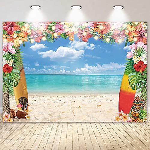 LIVUCEE 8x6ft Текстилен Годишният Хавайски Плаж Фон за Снимки на Тропически Цветя Luau Aloha Фона на Синьо Небе, Океан от Палмови Листа Фон Рожден Ден Хавайски Парти Декораци?