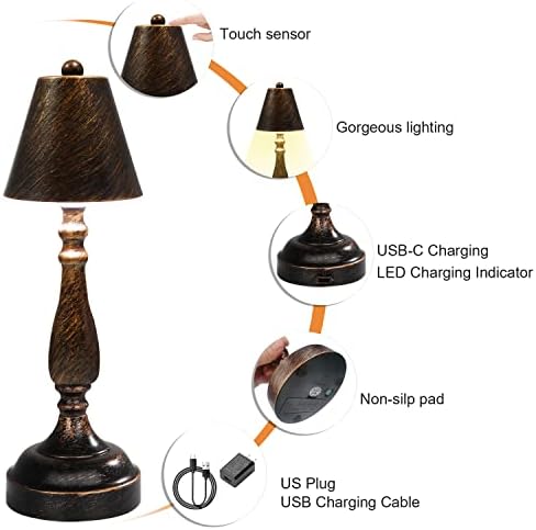 UMEXUS Акумулаторна Ретро Безжична Настолна Лампа, Лампа на батерии, Сензорен led Лампа с 3-Лентов Регулируема Яркост,