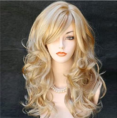 Жена перука AneShe, 2 тона, смесени светли синтетични косата, големи вълни, дълги къдрави перуки с къдрава коса (златист/ светъл)