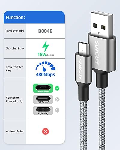 Къс кабел SUNGUY Micro USB 1,5 фута [3 серии], с найлонов оплеткой, кабел за бързо зареждане и синхронизиране на данни от USB преди Micro USB 2.0 за Samsung Galaxy S6 S7, Раздел 4, LG, Power Bank, телеф?