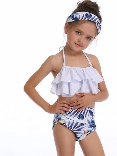 Комплект на бански костюм-бикини за малки момичета, Плажно облекло-Бикини с къдри и цветисти принтом, Бански костюм-двойка