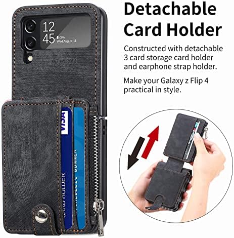 TopFunny Калъф-джобен формат на Galaxy Z Flip 4 с държач за карти в ретро стил 2 в 1 С Подвижен цип, флип-надолу Поставка за Чантата си, Защитен калъф от Изкуствена кожа Премиум-к