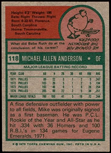 1975 Topps 118 Майк Андерсън Филаделфия Филис (Бейзболна картичка) VG/БИВШ Филис