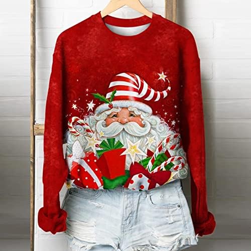 Жена Коледен топ, Сладка тениска с принтом, Поло с дълъг ръкав, Ежедневни Hoody с кръгло деколте, Свободна Удобна Блуза