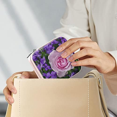 Ковчег за бижута UMIRIKO Розов цвят с Лилави цветя за Пътуване за Жени, Органайзер за Дребни Бижута, Изкуствена Кожа,