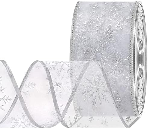 Коледна лента CERETIA със сребърна тел - Прозрачна, Блестяща лента под формата на Снежинки за Коледна елха, подарък опаковки, коледни украси - 2,5 инча х 50 ярда