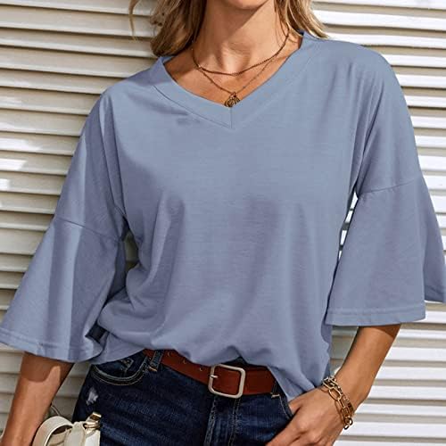 Блуза, Риза за Жени 2023 С Къс Ръкав-Клеш и Дълбоко V-образно деколте, От Памук Свободно Намаляване на Основните Риза