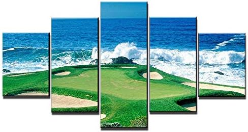Голф игрище Pebble Beach, Калифорния, САЩ, Стенно изкуство, Печат върху платно, Стенен интериор, Боядисване, 5 Панели, Синьото Небе, Море, Поле за голф, Крайбрежни украса за