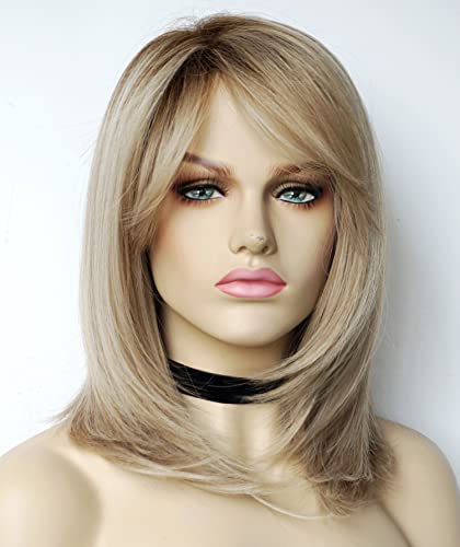 Перуки за бели жени светла перука боб със средна дължина, перуки за жени с пясъчен цвят с тъмни корени Синтетични перука