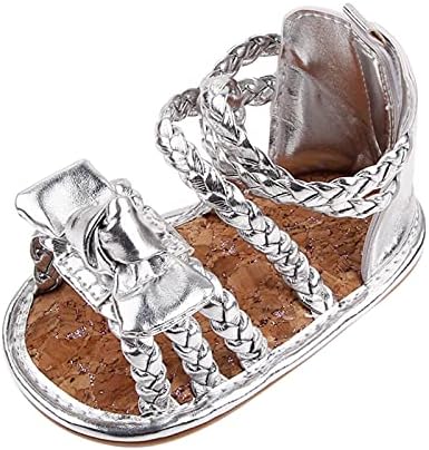 Детски Летни Меки обувки с Лък за Момичета и Момчета, Сандали на равна, не-хлъзгава подметка, Гумени Чехли за момче на 12 месеца с дръжки (Сребрист, 0-6 месеца)