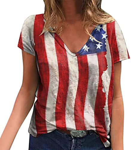 Ризи 4 юли, Дамски Ежедневни Летни Тениски с Флага на САЩ, Къс Ръкав, V-образно Деколте, Ленти, Патриотическая Блуза
