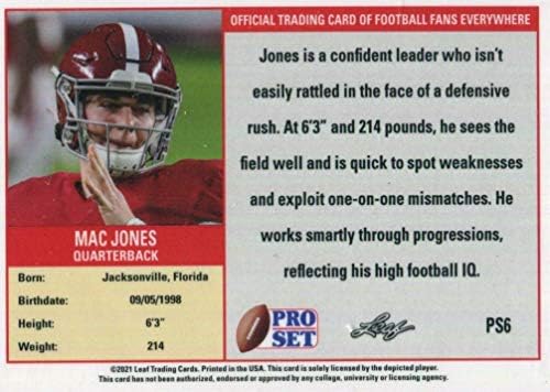 Mac Jones 2021 Pro Set Leaf XRC с къс принтом Mint Картичка начинаещ година #PS6, на която той е изобразен в червена фланелка от Алабама