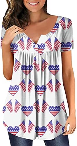 На 4 юли, Туники за жени, Тениска с Американския Флаг, Прикрива Корема, Лятна Ежедневна Блуза с Къс ръкав и V-образно деколте и копчета, Топ