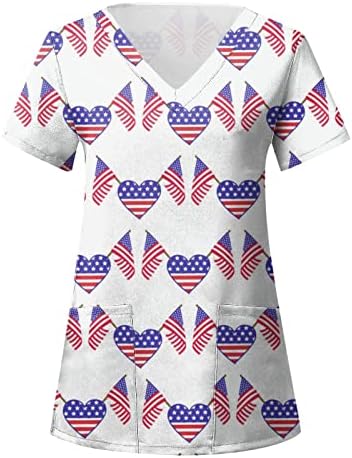 На 4 юли, Тениски за жени с Флага на САЩ, Лятна Риза с Къс ръкав и V-образно деколте и 2 Джобове, Блуза, Топ, Празнична