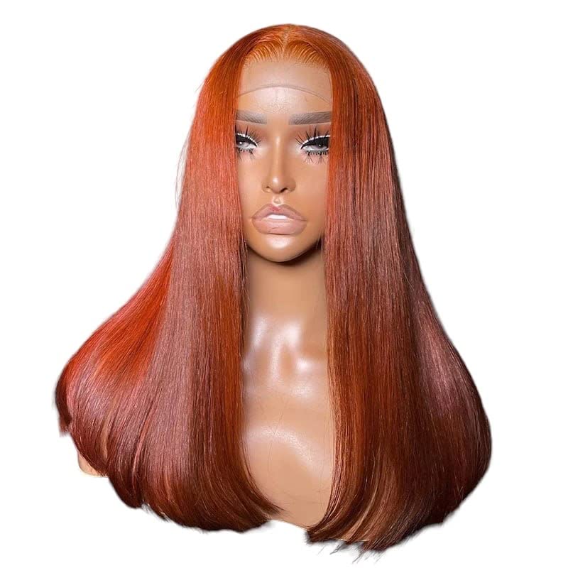 Прозрачен перука от естествена коса с дантела 13 × 4, 20 инча, имбирно-оранжево, пряка, с дантелен предна част, перука