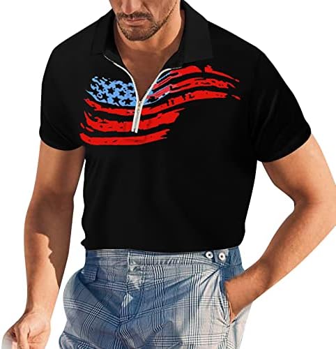 XXBR Мъжки Ризи Поло с къс ръкав и Цип на една Четвърт от Мълния, Ежедневни тениски с V-образно деколте за Всеки ден, Тениски с дизайн на Денят на Независимостта, Върхов