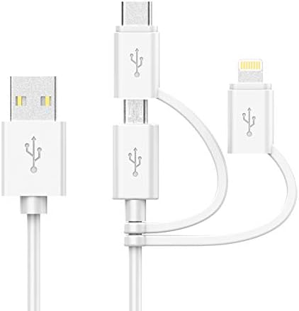 Сертифициран от Apple ПФИ кабел 3 в 1 кабел Lightning / Type C / Micro USB за iPhone, iPad, Huawei, HTC, LG, Samsung Galaxy, Sony Xperia смартфони, базирани на Android, iPad Pro 2018 и повече от 3 фута (бял 3 в 1)