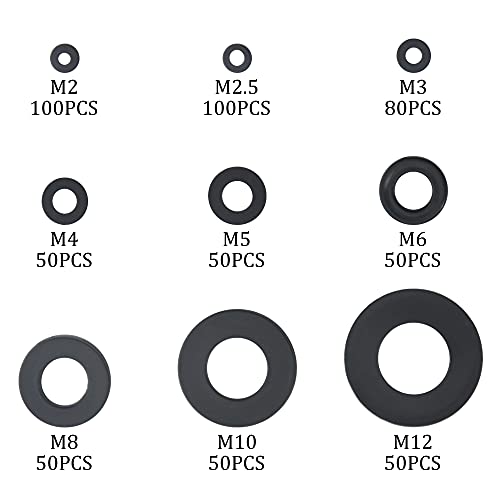 XINGYHENG 580 бр. Набор от найлонови шайби Кръгли Изолационен Плосък Набор от найлонови подложки M2 M2.5 M3 M4 M5 M6 M8 M10 M12 с чист пластмасов корпус (черен)