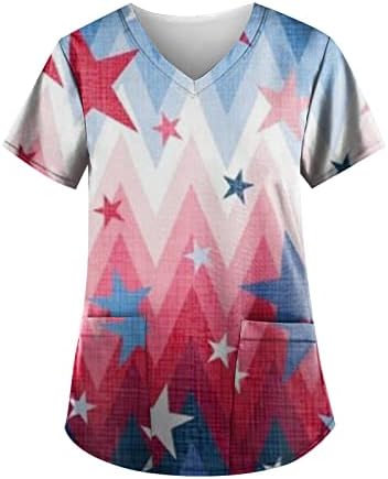 Женска тениска с 4-ти юли, Флаг на САЩ, Лятна Тениска с Къс ръкав и V-образно деколте, 2 Джоба, Блуза, Топ, Празнична