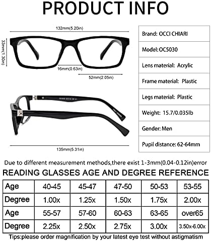 Очила за четене OCCI CHIARI За Мъже 225 Силни Очила За Четене 2.25((1.00 1.25 1.5 1.75 2.0 2.25 2.5 2.75 3.0 3.5 4.0 5.0 6.0)